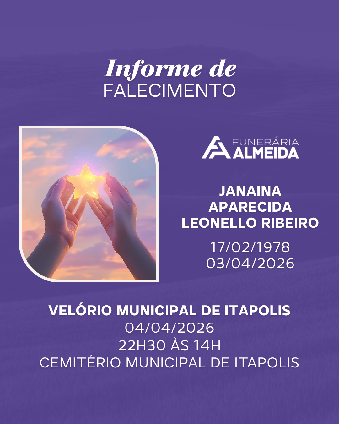 COMUNICAMOS O FALECIMENTO DA SRA. JANAINA APARECIDA LEONELLO RIBEIRO