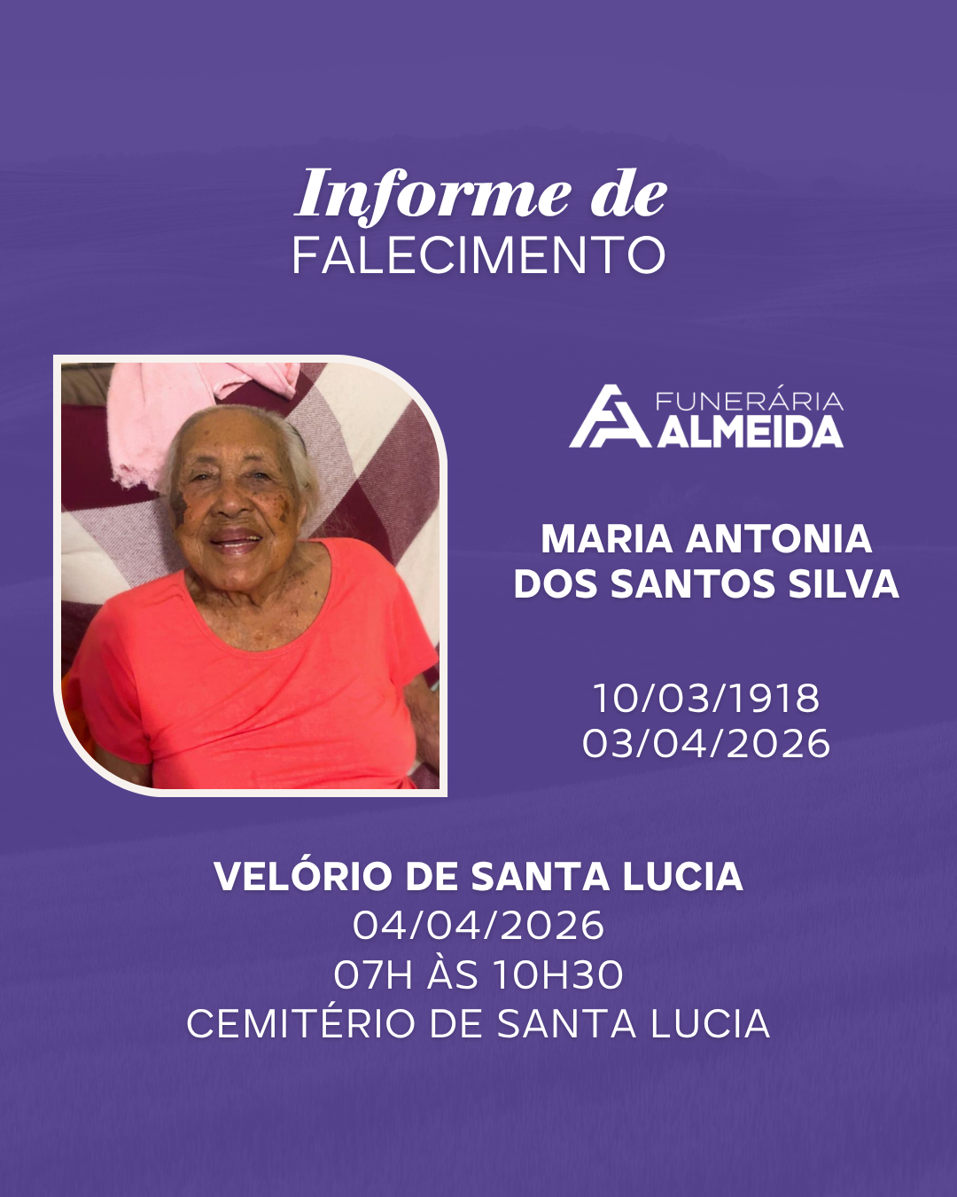 COMUNICAMOS O FALECIMENTO DA SRA.MARIA ANTONIA DOS SANTOS SILVA