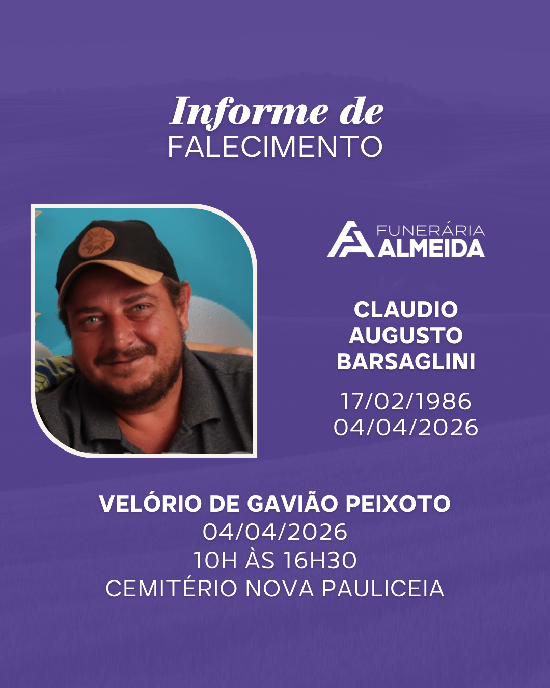 COMUNICAMOS O FALECIMENTO DO SR. CLAUDIO AUGUSTO BARSAGLINI