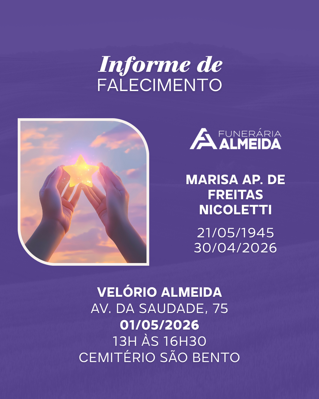 Funerária Almeida comunica o falecimento da SRA. MARISA APARECIDA DE FREITAS NICOLETTI