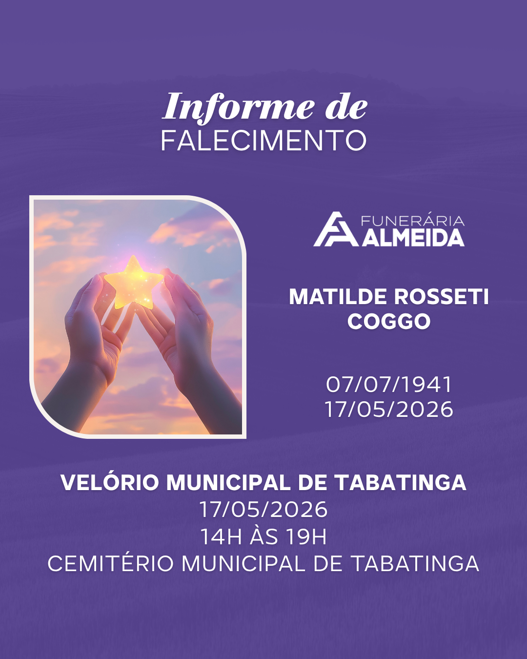 Funerária Almeida comunica o falecimento da SRA MATILDE ROSSETI COGGO