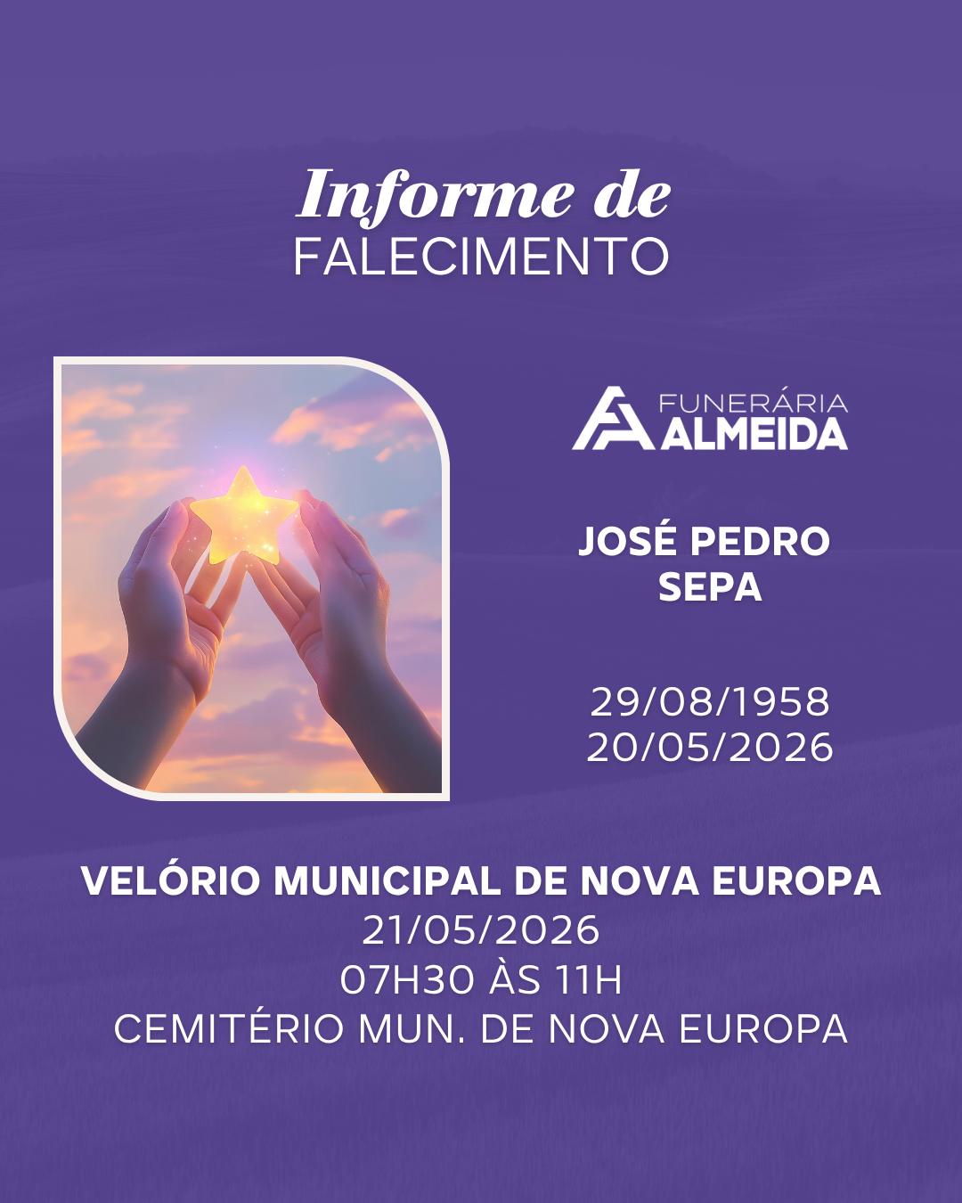 Funerária Almeida comunica o falecimento do SR. JOSÉ PEDRO SEPA
