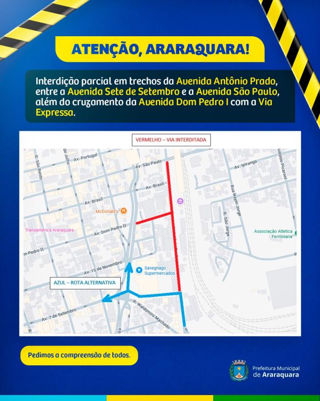 Araraquara: interdição parcial afeta trânsito na Avenida Antônio Prado
