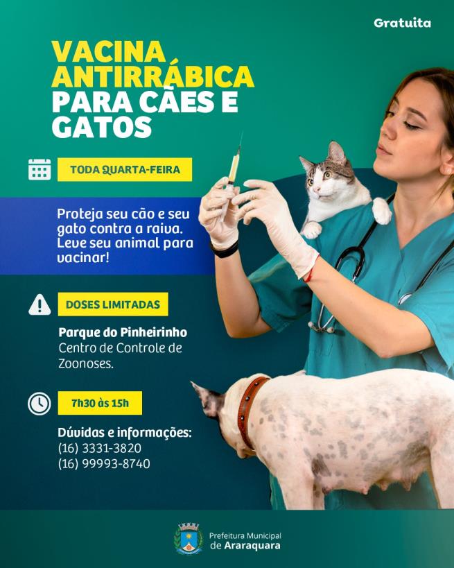 Centro de Controle de Zoonoses promove vacinação gratuita contra a raiva para cães e gatos