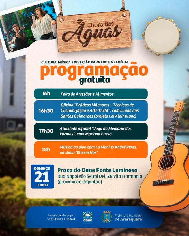 Choro das Águas em Araraquara oferece programação gratuita com artesanato e música ao vivo