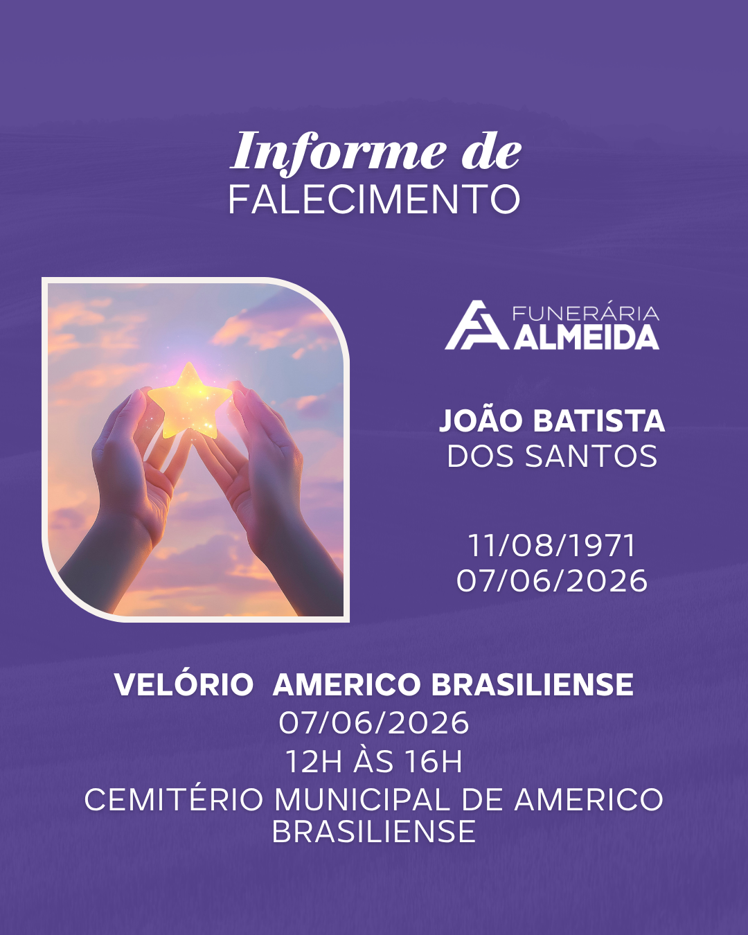 COMUNICAMOS O FALECIMENTO DO SR. JOÃO BATISTA DOS SANTOS
