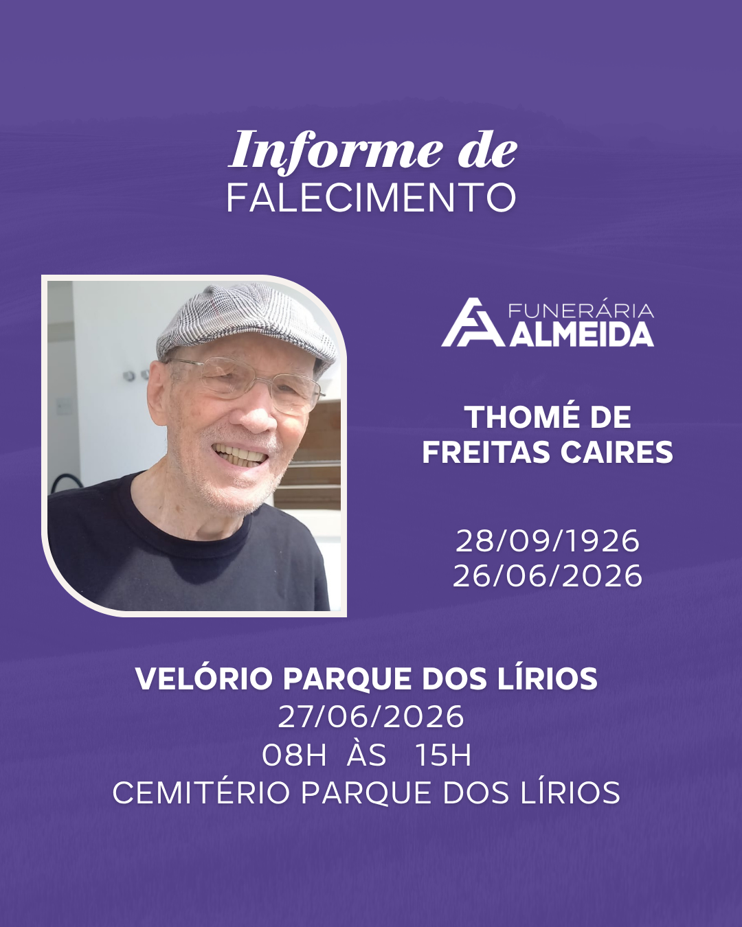 Comunicamos o falecimento do SR. THOMÉ DE FREITAS CAIRES mais conhecido como THOMÉ DA MERCEARIA LÍDER.