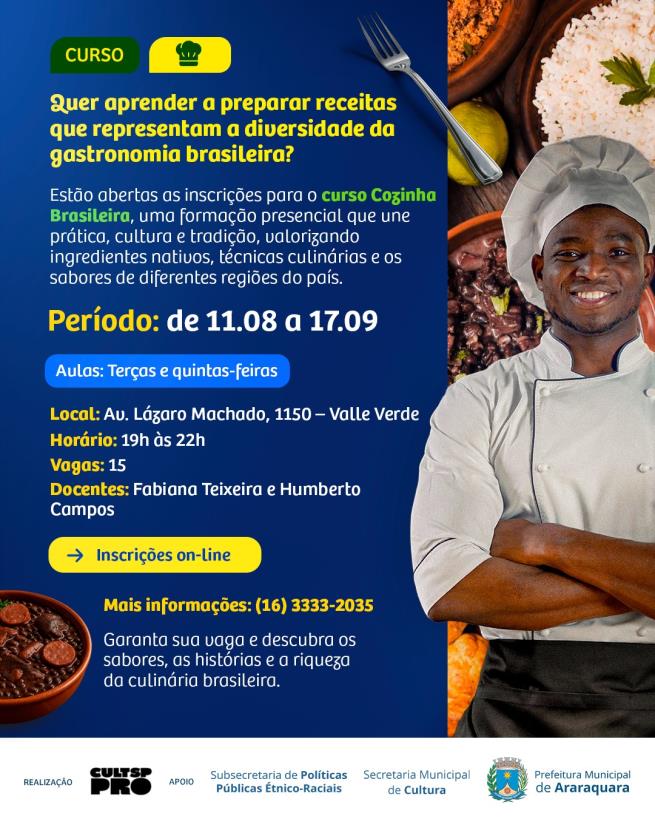Inscrições abertas para curso gratuito de Cozinha Brasileira em Araraquara