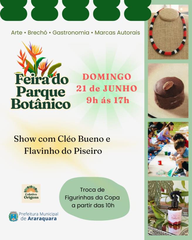 Feira do Parque Botânico em Araraquara, organizada pelo Coletivo Origens, oferece música e troca de figurinhas no domingo (21)