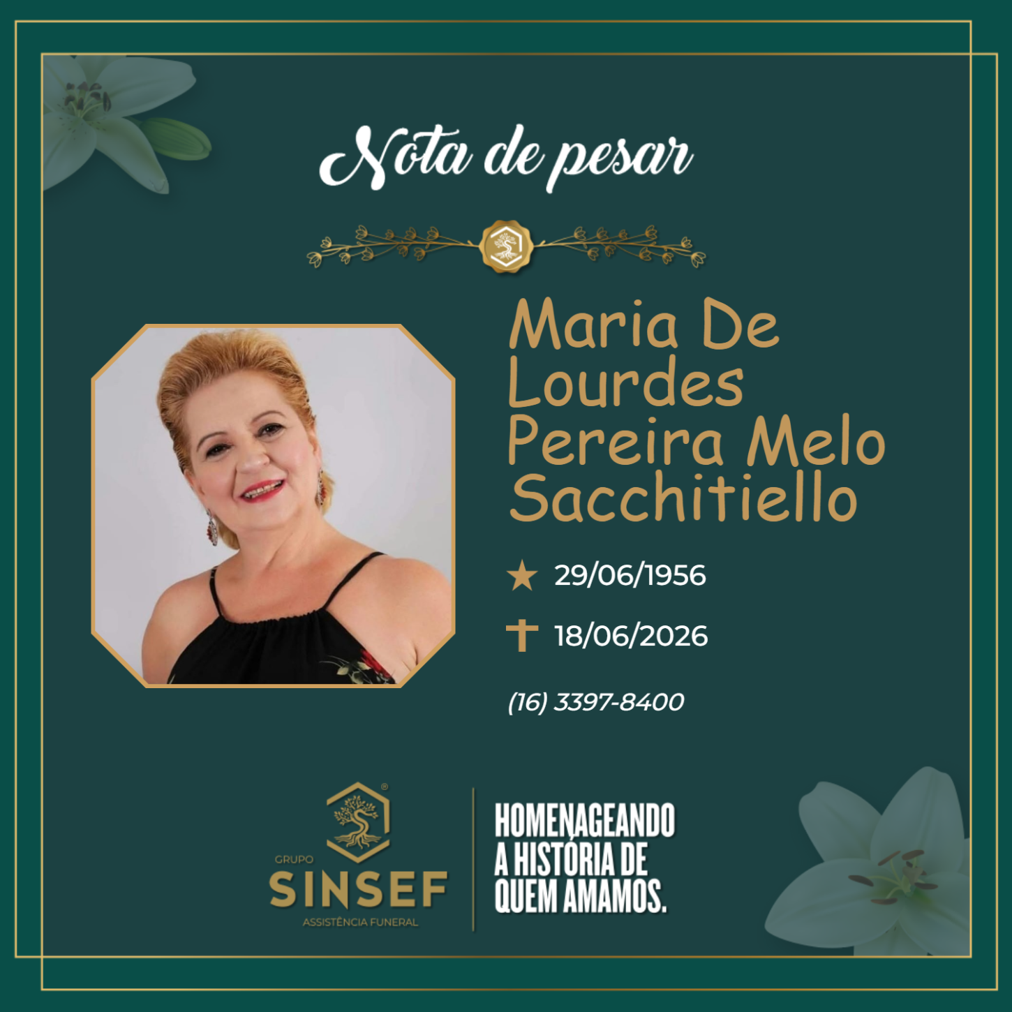 O Grupo Sinsef se despede de Maria de Lourdes Pereira Melo Sacchitiello