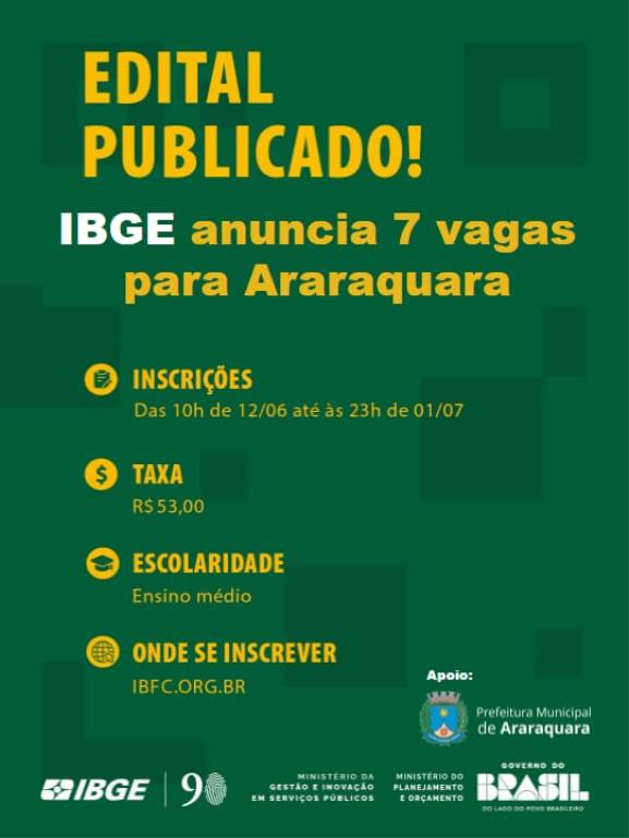 Processo seletivo do IBGE abre 11 vagas em Araraquara para o Censo Agro 2027