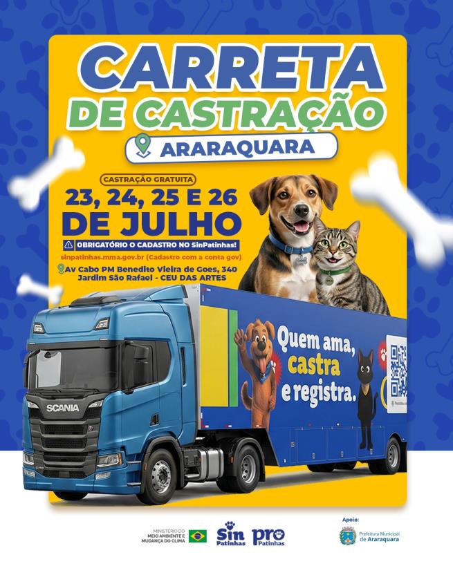 Carreta de castração gratuita para cães e gatos chega a Araraquara em julho