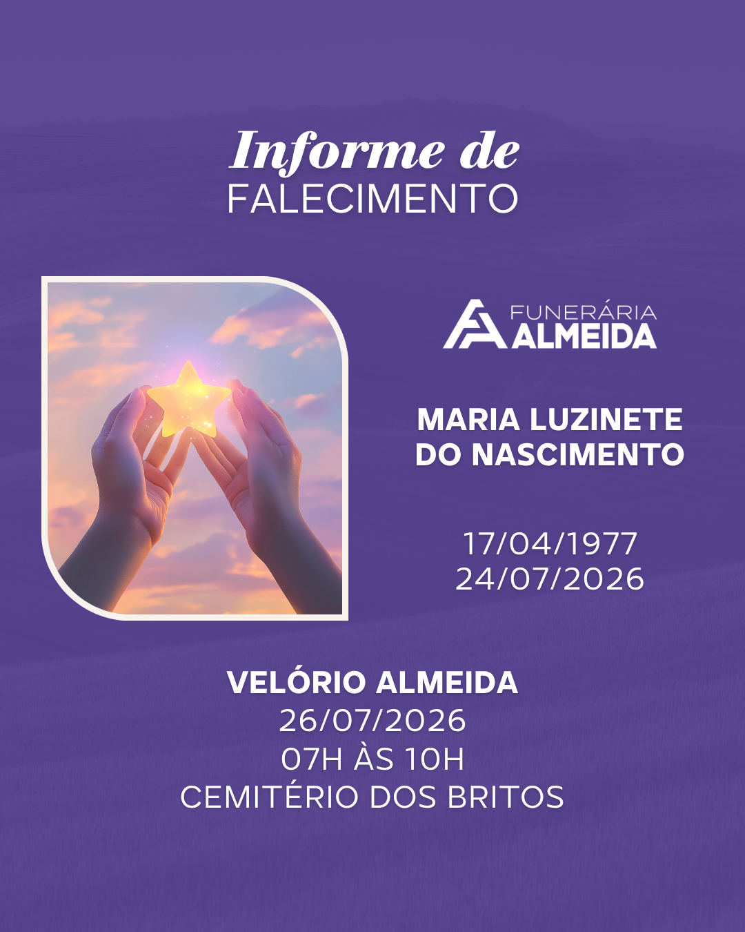 COMUNICAMOS O FALECIMENTO DA SRA. MARIA LUZINETE DO NASCIMENTO