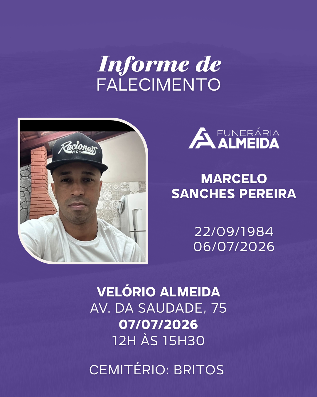 Comunicamos o falecimento do jovem MARCELO SANCHES PEREIRA