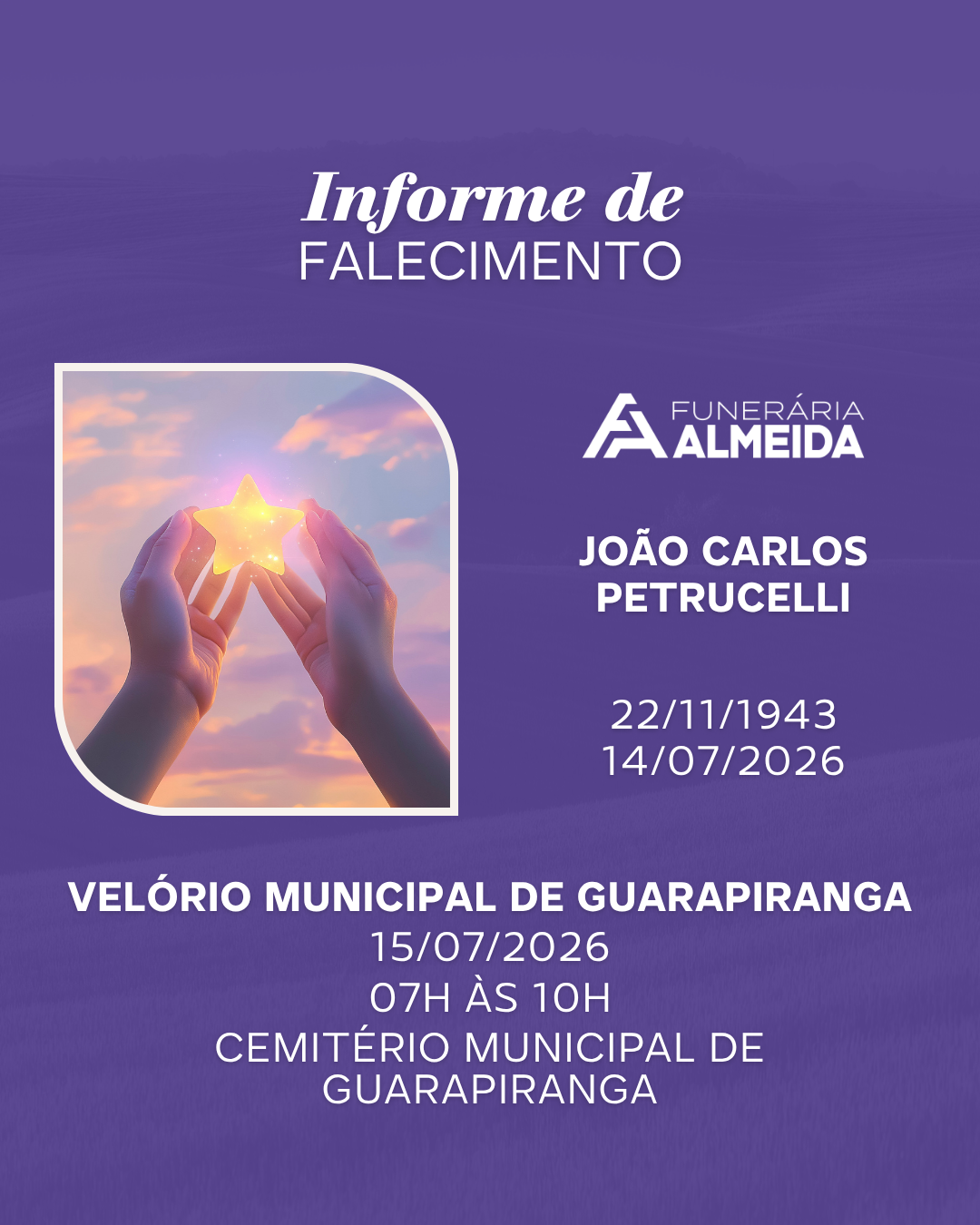 Comunicamos o falecimento do SR. JOÃO CARLOS PETRUCELLI