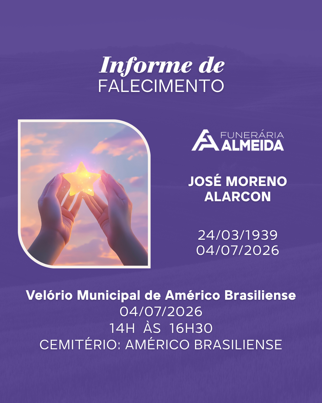 Funerária Almeida comunica o falecimento do SR. JOSÉ MORENO ALARCON