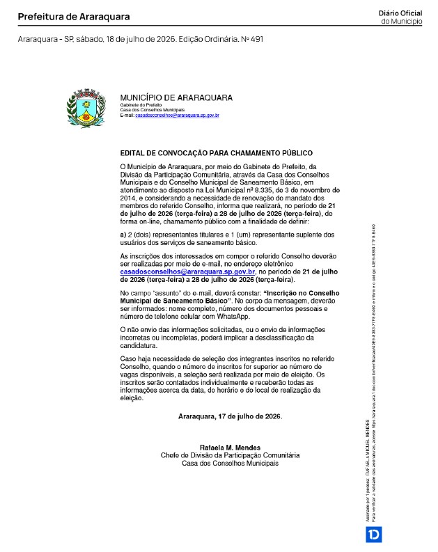 Prefeitura de Araraquara convoca interessados para o Conselho Municipal de Saneamento Básico