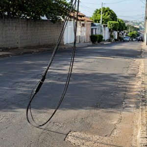 Mulher fica ferida em acidente com scooter elétrica causado por fio de telefonia solto