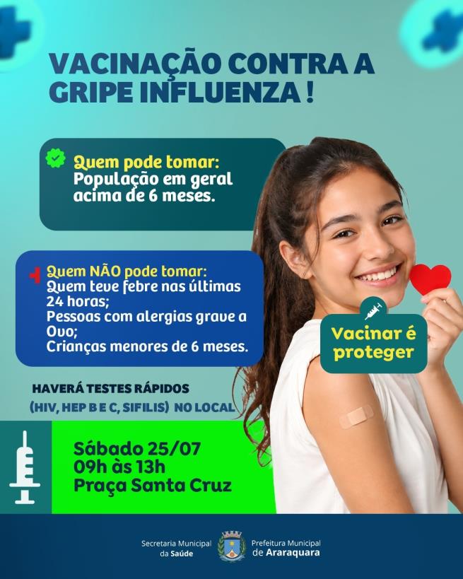 Praça Santa Cruz sedia ação de vacinação contra a gripe e testes rápidos no sábado (25)