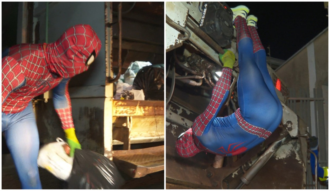 Coletor de lixo de Leme (SP), Carlos Daniel Siqueira Amancio, viraliza como Homem-Aranha