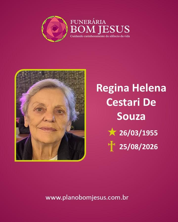 A Funerária Bom Jesus comunica o falecimento da Sra. REGINA HELENA CESTARI DE SOUZA