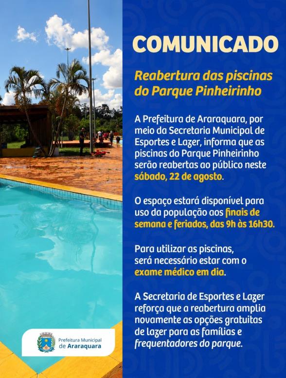 Prefeitura reabre piscinas do Parque Pinheirinho neste sábado