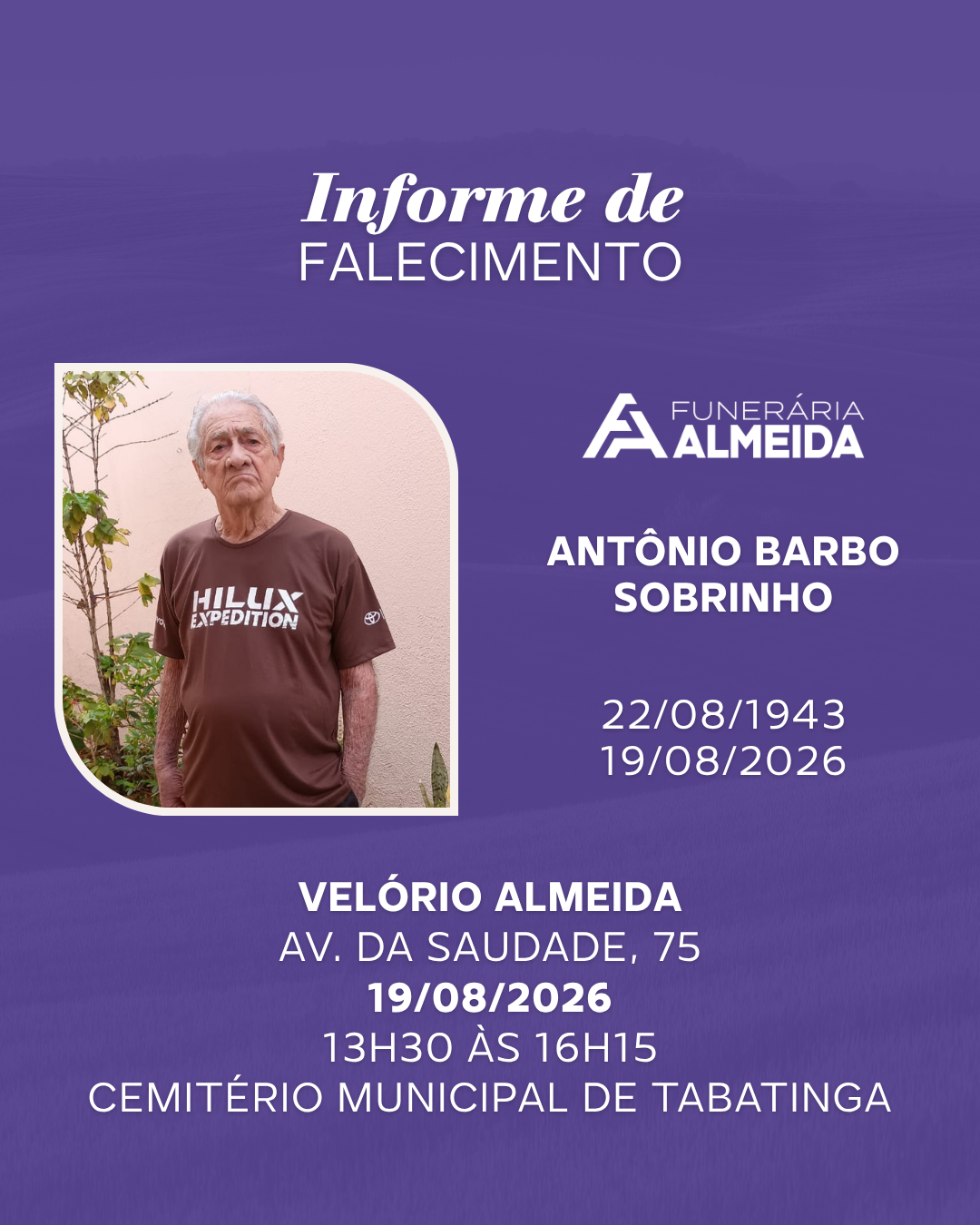 Comunicamos o falecimento do SR. ANTÔNIO BARBO SOBRINHO