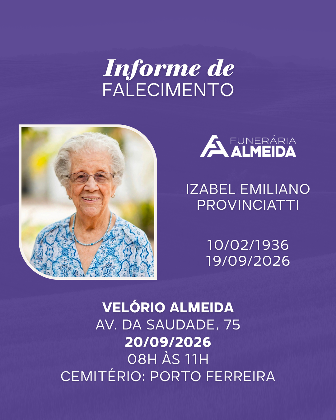 COMUNICAMOS O FALECIMENTO DA SRA. IZABEL EMILIANO PROVINCIATTI