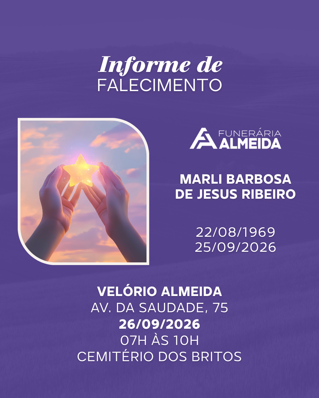 Comunicamos o falecimento da SRA. MARLI BARBOSA DE JESUS RIBEIRO