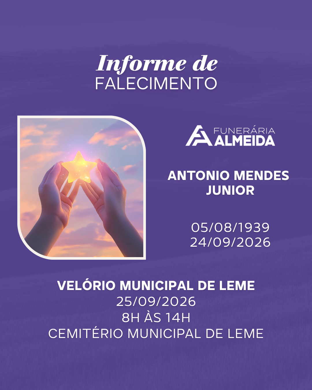 Comunicamos o falecimento do SR. ANTONIO MENDES JUNIOR