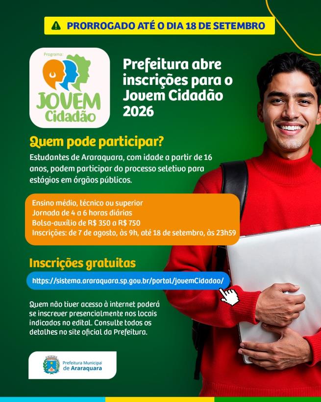 Inscrições para o Programa Jovem Cidadão são prorrogadas em Araraquara