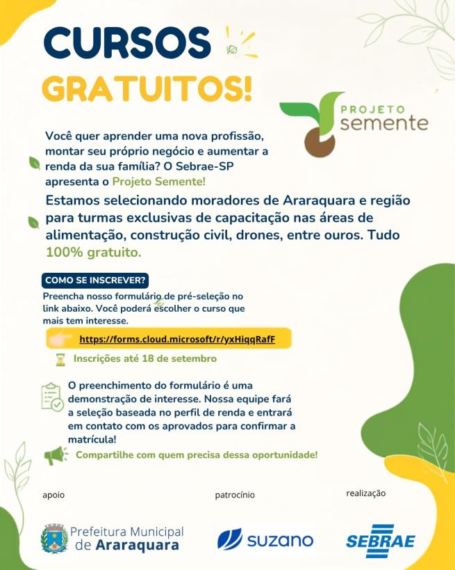 Projeto Semente oferta 90 vagas em cursos gratuitos em Araraquara