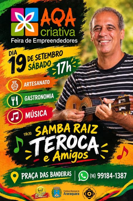 Feira Aqa Criativa traz show de samba gratuito com Teroca neste sábado