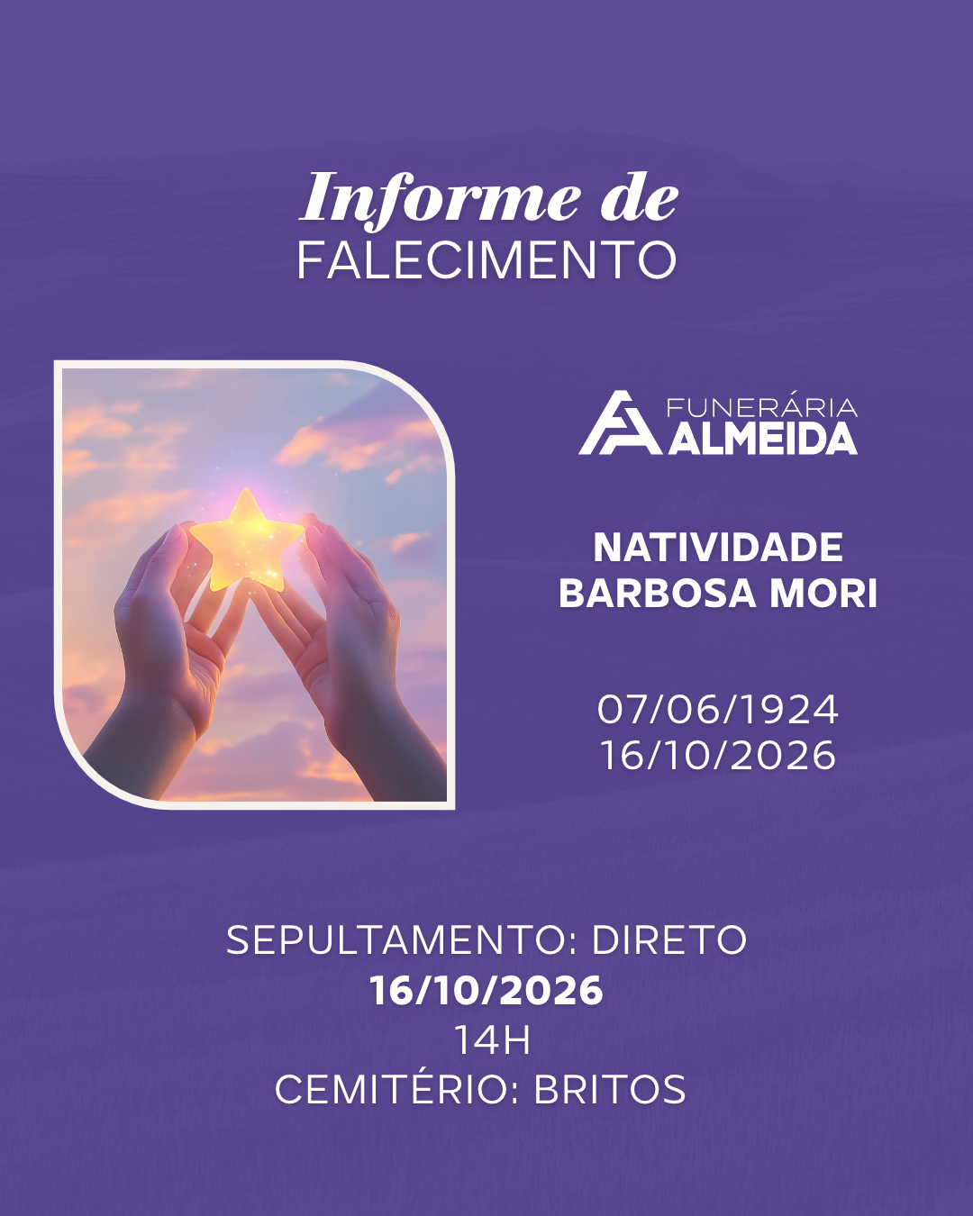 Comunicamos o Falecimento da SRA. NATIVIDADE BARBOSA MORI