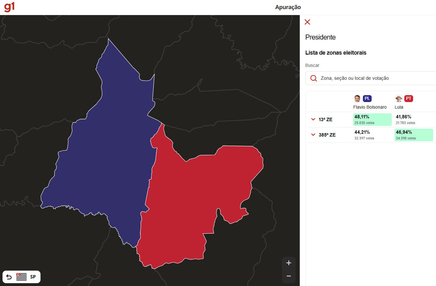 Mapa de apuração revela votos por zona eleitoral em São Carlos