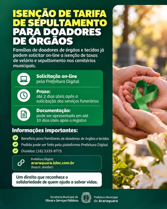 Isenção funerária para doadores de órgãos já pode ser solicitada pela internet