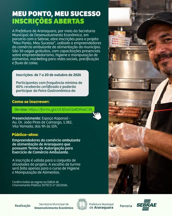 Prefeitura de Araraquara e Sebrae-SP abrem vagas para comércio ambulante