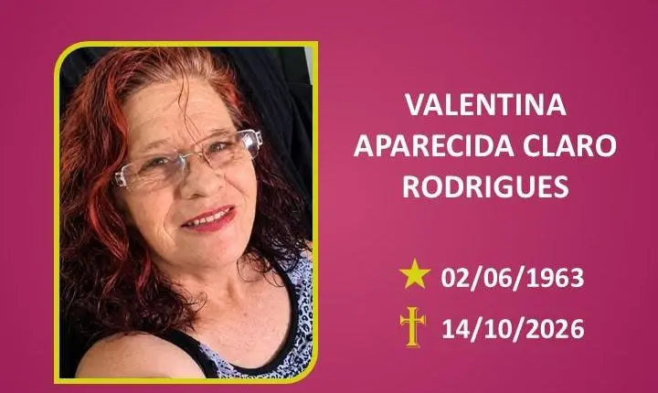 A Funerária Bom Jesus comunica o falecimento da Sra VALENTINA APARECIDA CLARO RODRIGUES