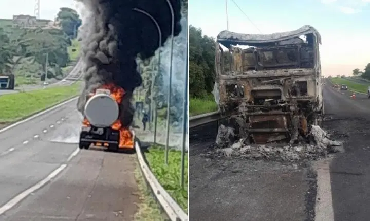 Caminhão é destruído pelo fogo na Washington Luís