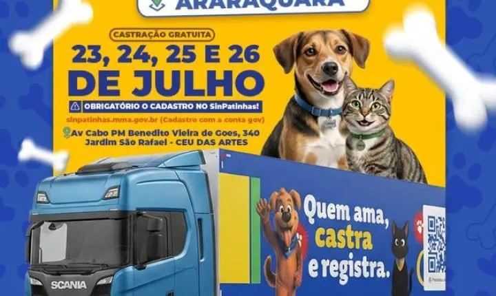 Carreta de castração gratuita para cães e gatos chega a Araraquara em julho