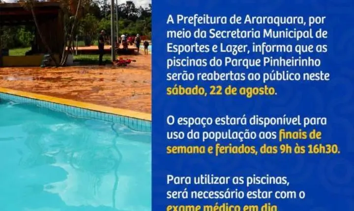 Prefeitura reabre piscinas do Parque Pinheirinho neste sábado