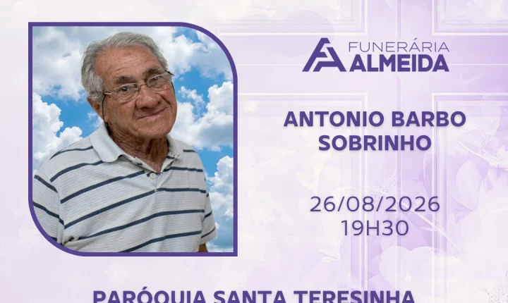 Comunicamos a Missa de 7º Dia de falecimento do SR. ANTONIO BARBO SOBRINHO