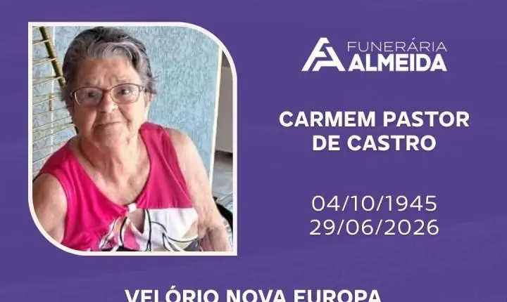 Comunicamos o falecimento da SRA CARMEM PASTOR DE CASTRO