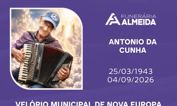 Comunicamos o falecimento do SR. ANTONIO DA CUNHA