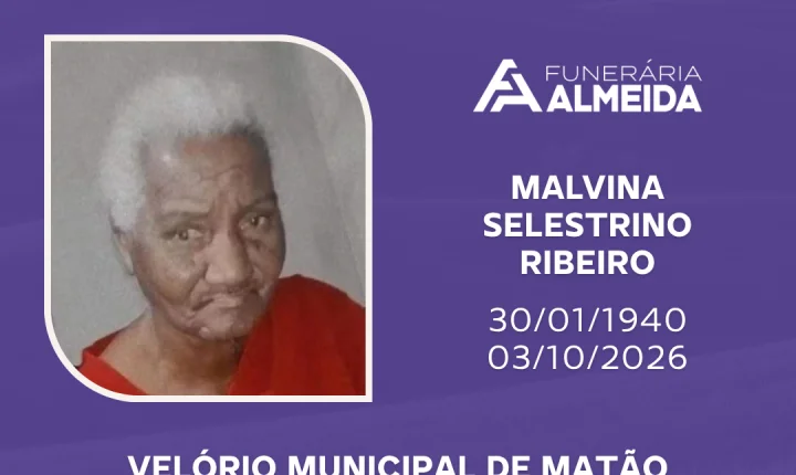 Funerária Almeida comunica o falecimento da SRA MALVINA SELESTRINO RIBEIRO