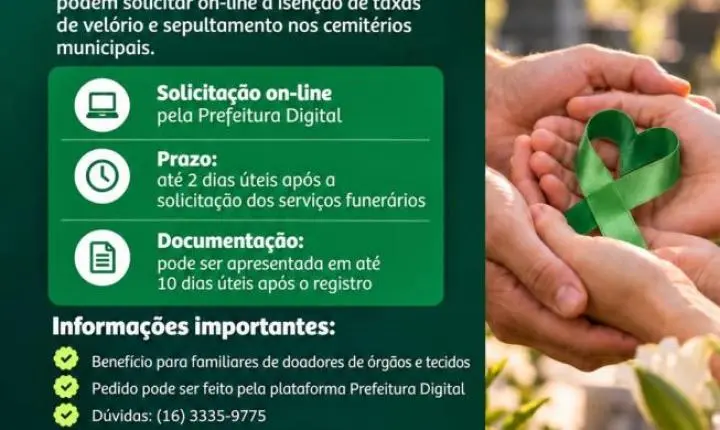 Isenção funerária para doadores de órgãos já pode ser solicitada pela internet