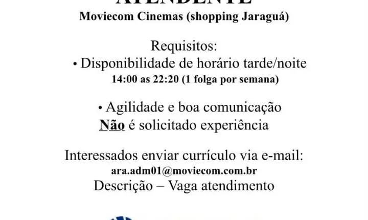 Moviecom abre vaga para atendente no Shopping Jaraguá, em Araraquara
