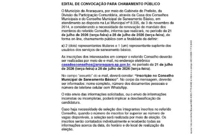 Prefeitura de Araraquara convoca interessados para o Conselho Municipal de Saneamento Básico