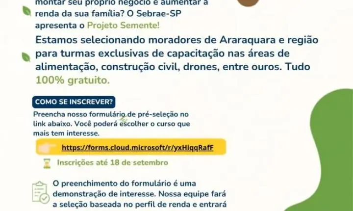Projeto Semente oferta 90 vagas em cursos gratuitos em Araraquara