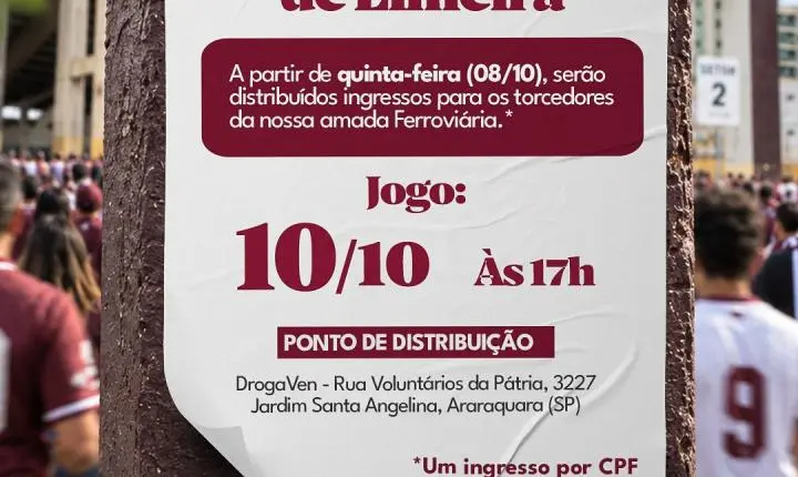 DrogaVen distribui ingressos para a Ferroviária enfrentar o Inter de Limeira